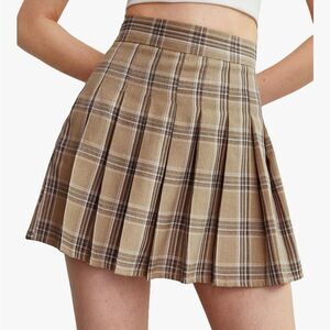 Plaid High Waist Pleated A-Line Uniform Mini Skirt Khaki Tan